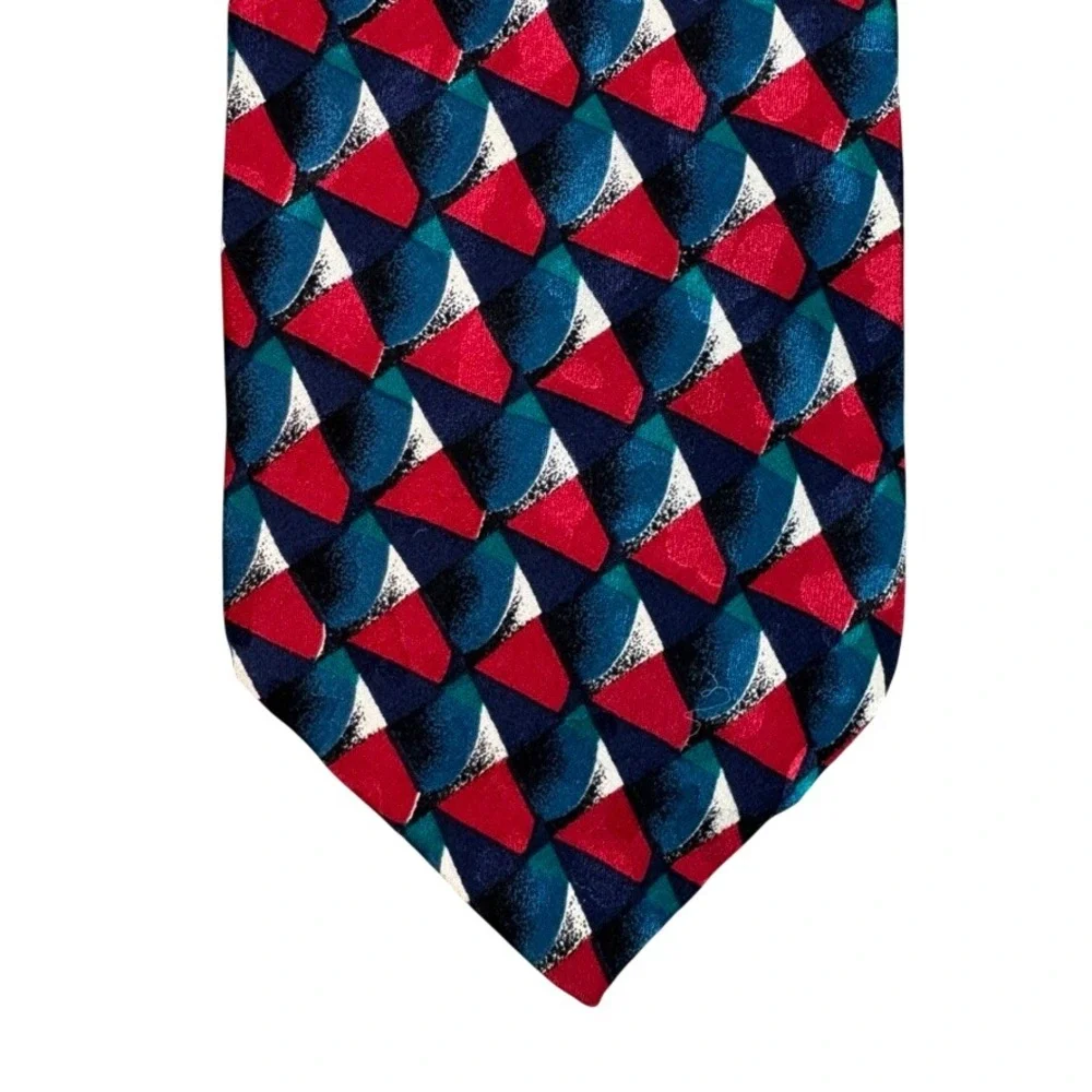 Milano Handmade All Silk Geometric Abstract Mosaic Necktie Red Navy Teal 58in